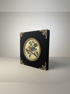 Vtg Embroidered Bird Art Velvet Frame Gold‎ Accents Bubble Glass 7" Cottagecore